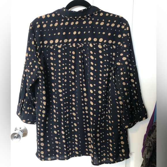 L Black & Tan Polkadot Button Down Blouse - Picture 3 of 12